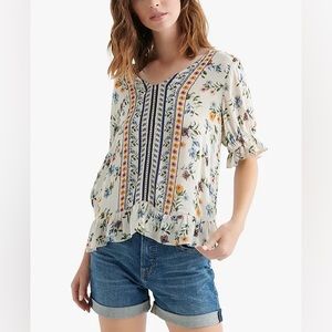 Lucky Brand Boho Blouse Women Small Ruffle Border Print V-Neck Floral Print EUC
